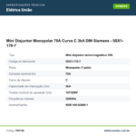 Especificações técnicas de Mini Disjuntor Monopolar 70A Curva C 3kA DIN Siemens - 5SX1-170-7