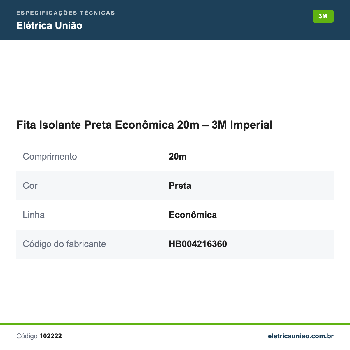 Especificações técnicas de Fita Isolante Preta Econômica 20m – 3M Imperial
