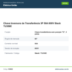 Especificações técnicas de Chave Inversora de Transferência 3P 50A 600V Steck TU350E