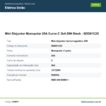 Especificações técnicas de Mini Disjuntor Monopolar 25A Curva C 3kA DIN Steck - SDD61C25