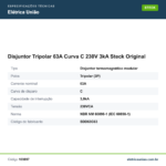 Especificações técnicas de Disjuntor Tripolar 63A Curva C 230V 3kA Steck Original