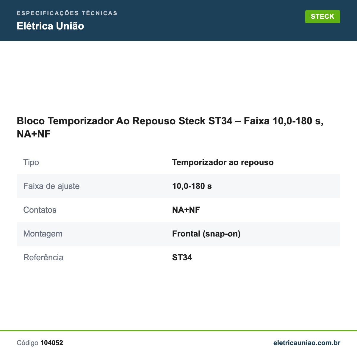 Especificações técnicas de Bloco Temporizador Ao Repouso Steck ST34 – Faixa 10,0-180 s, NA+NF