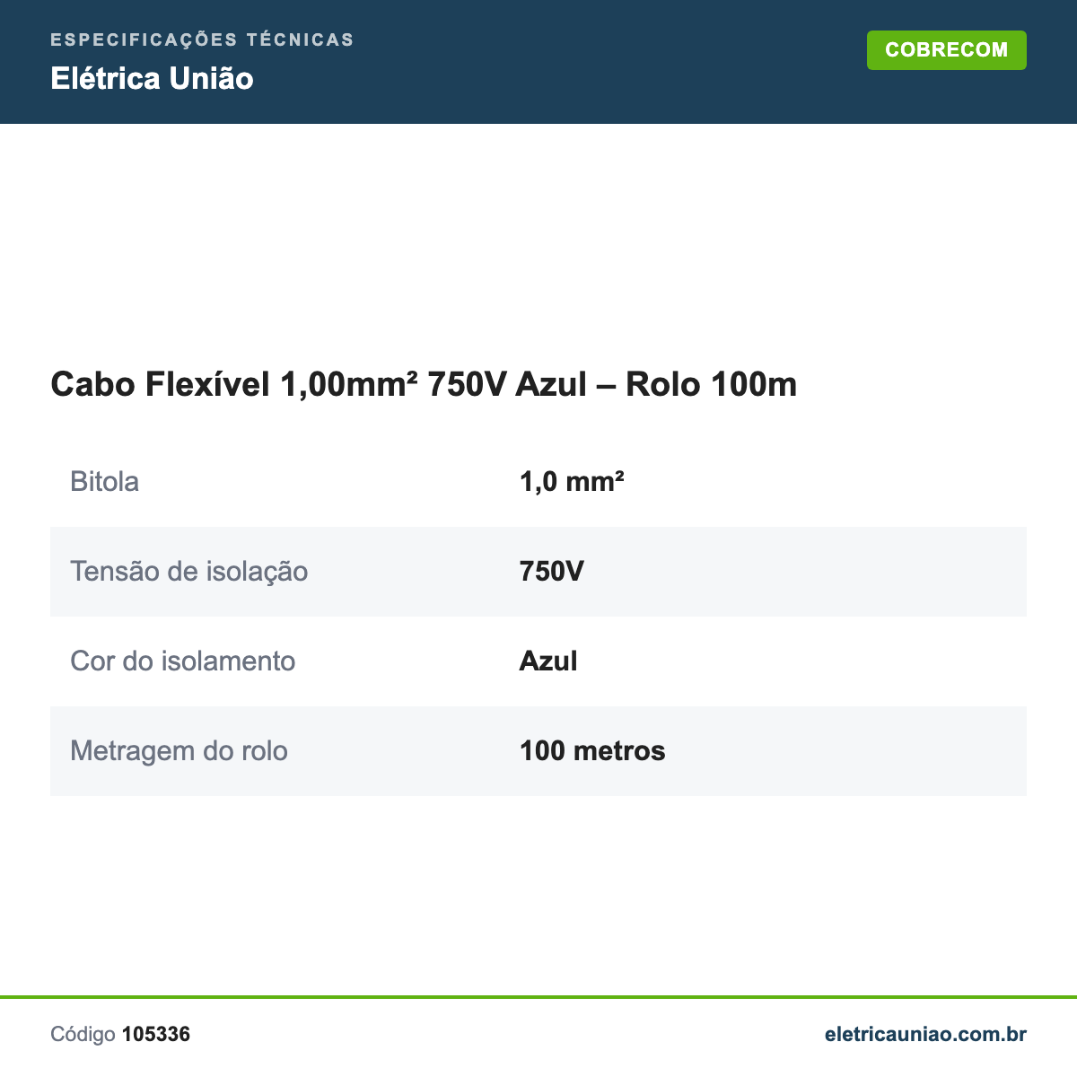 Especificações técnicas de Cabo Flexível 1,00mm² 750V Azul – Rolo 100m