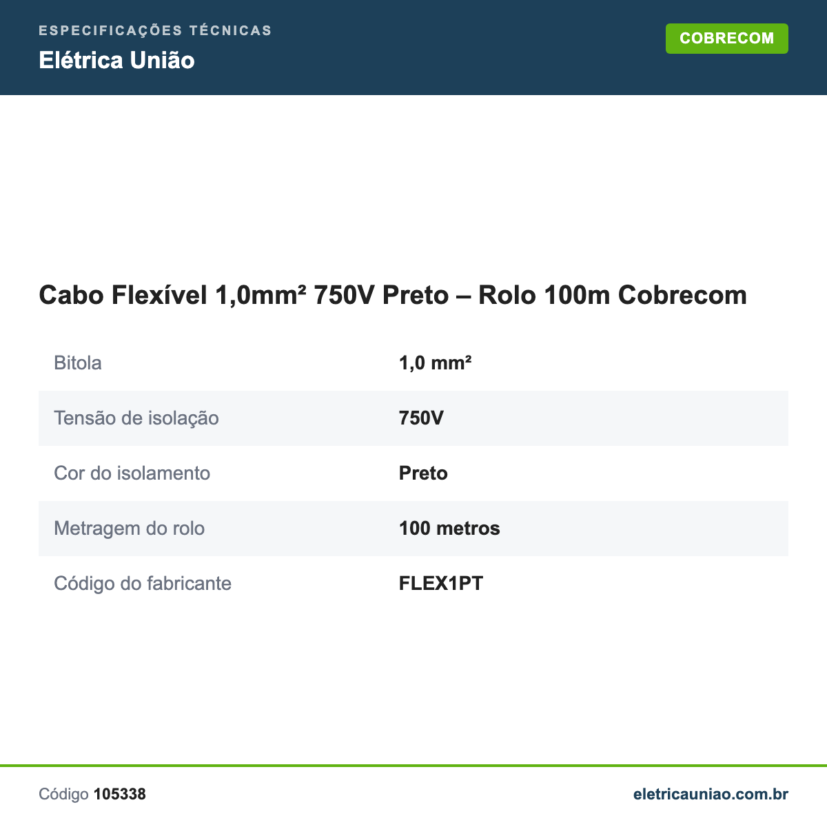 Especificações técnicas de Cabo Flexível 1,0mm² 750V Preto – Rolo 100m Cobrecom