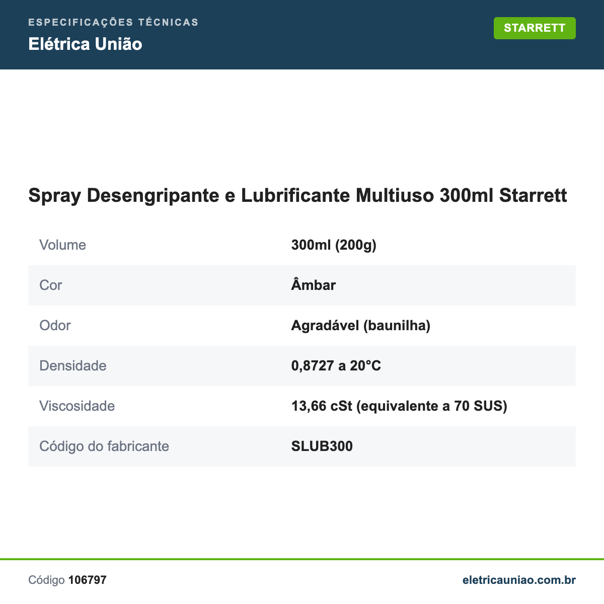 Especificações técnicas de Spray Desengripante e Lubrificante Multiuso 300ml Starrett