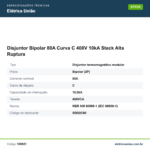 Especificações técnicas de Disjuntor Bipolar 80A Curva C 400V 10kA Steck Alta Ruptura