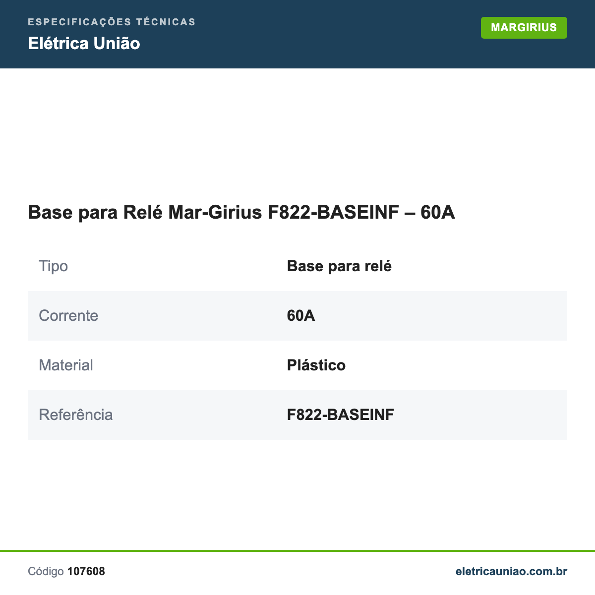 Especificações técnicas de Base para Relé Mar-Girius F822-BASEINF – 60A