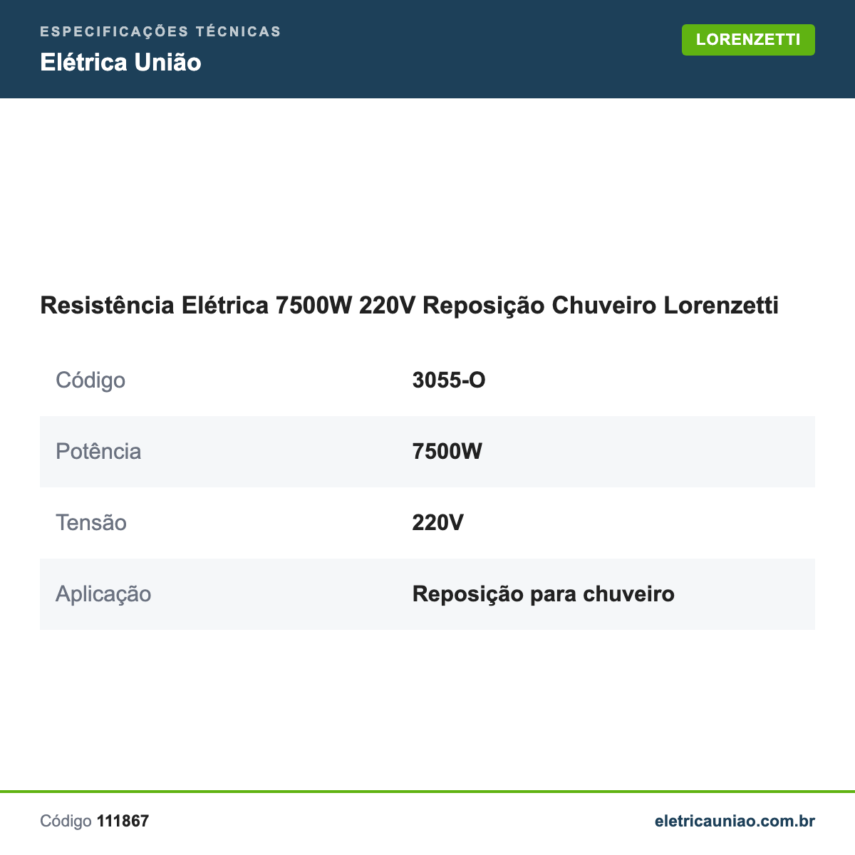 Especificações técnicas de Resistência Elétrica 7500W 220V Reposição Chuveiro Lorenzetti