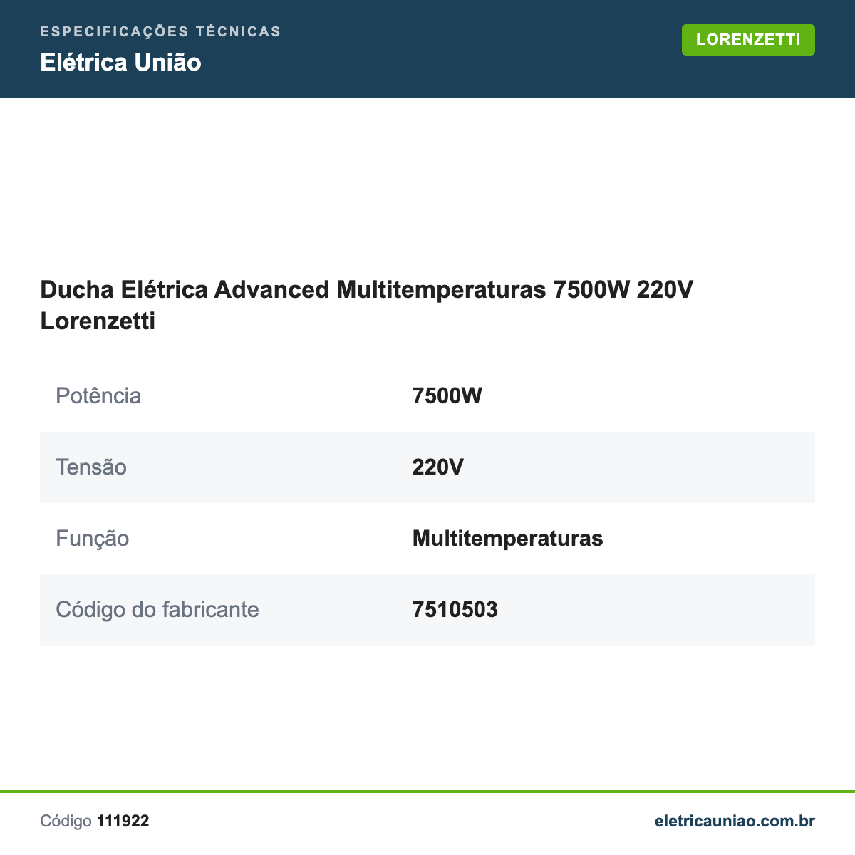 Especificações técnicas de Ducha Elétrica Advanced Multitemperaturas 7500W 220V Lorenzetti
