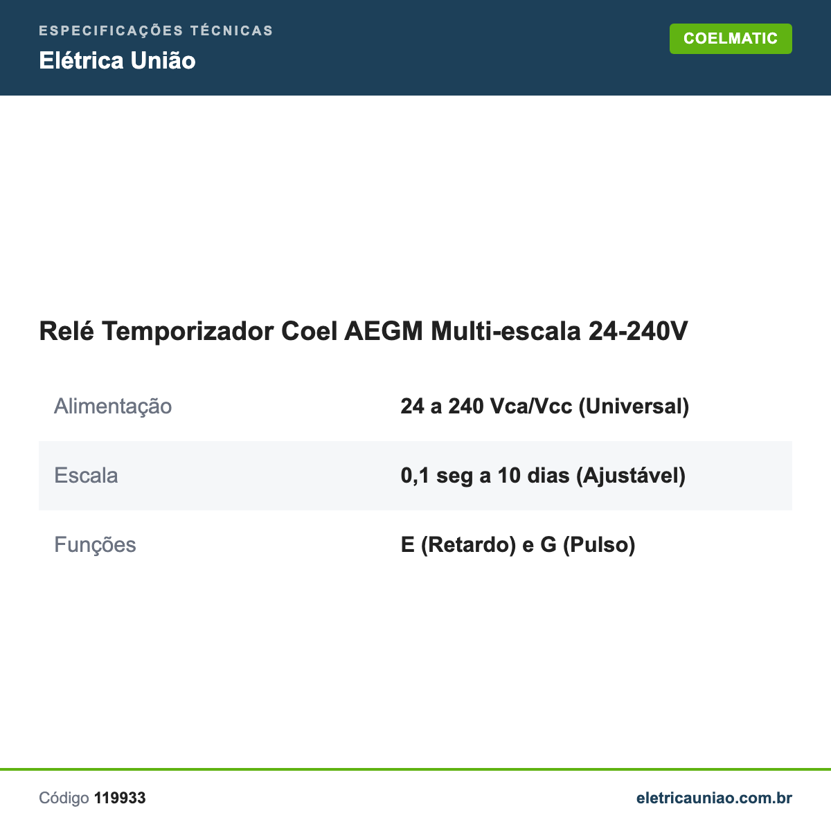 Especificações técnicas de Relé Temporizador Coel AEGM Multi-escala 24-240V