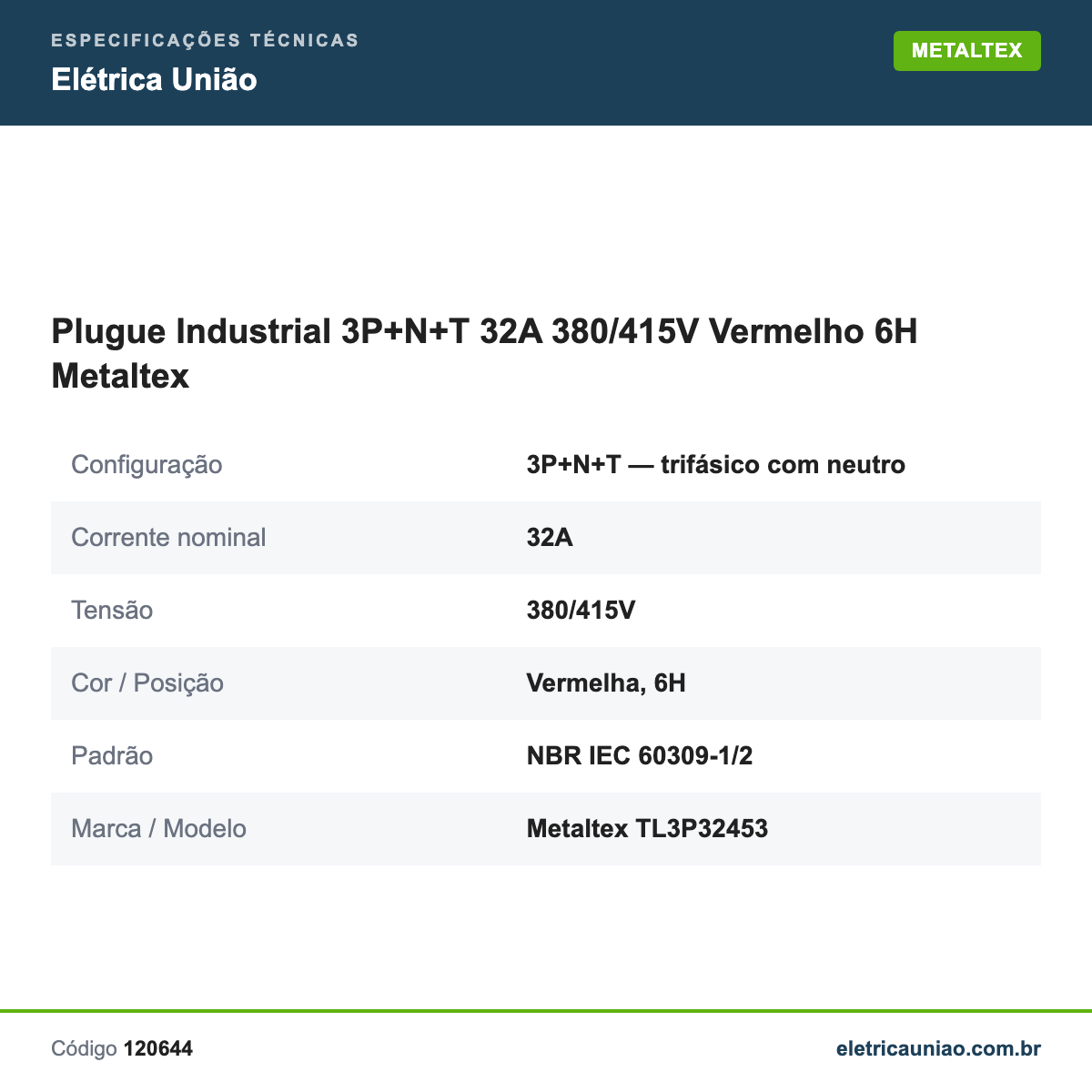 Especificações técnicas de Plugue Industrial 3P+N+T 32A 380/415V Vermelho 6H Metaltex