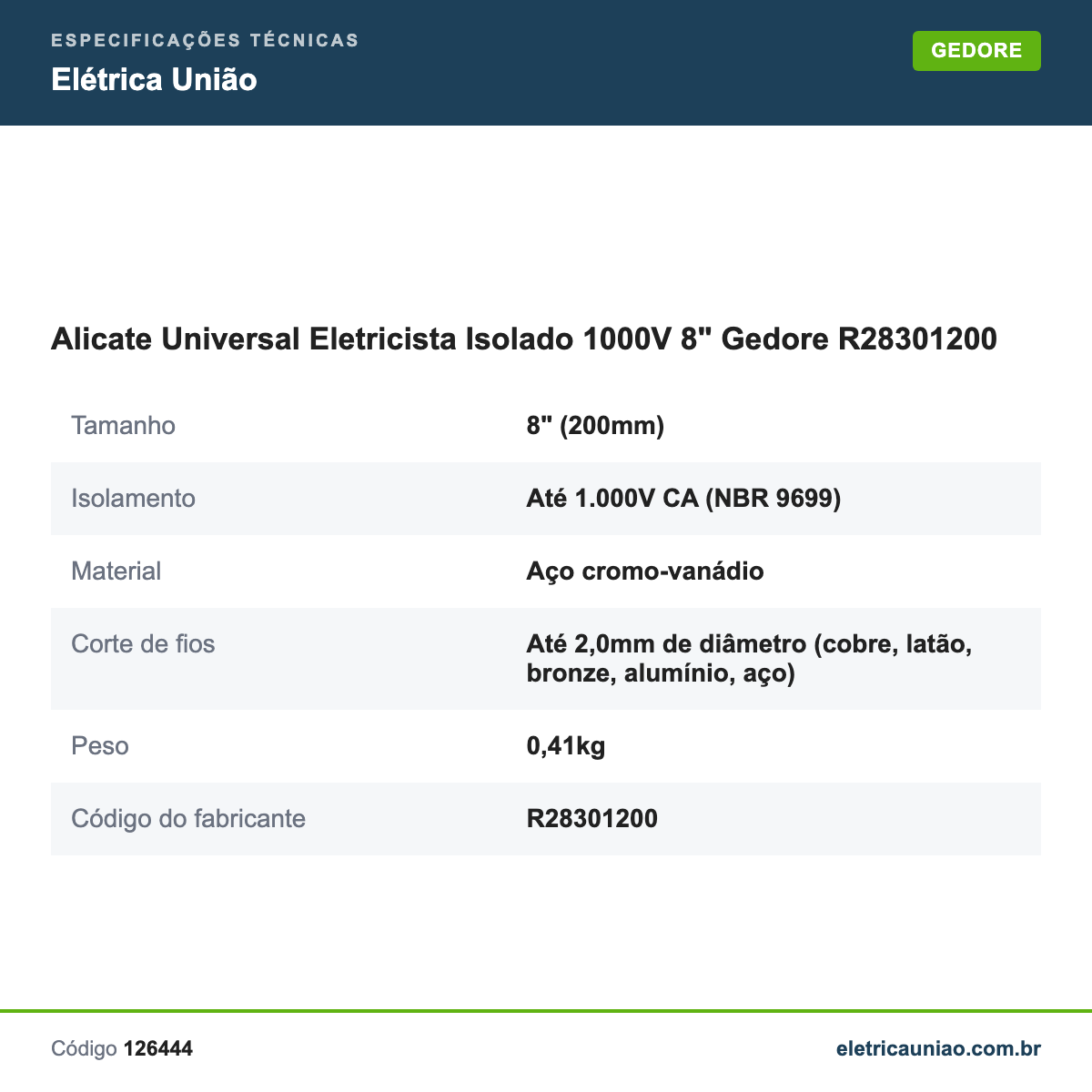 Especificações técnicas de Alicate Universal Eletricista Isolado 1000V 8" Gedore R28301200