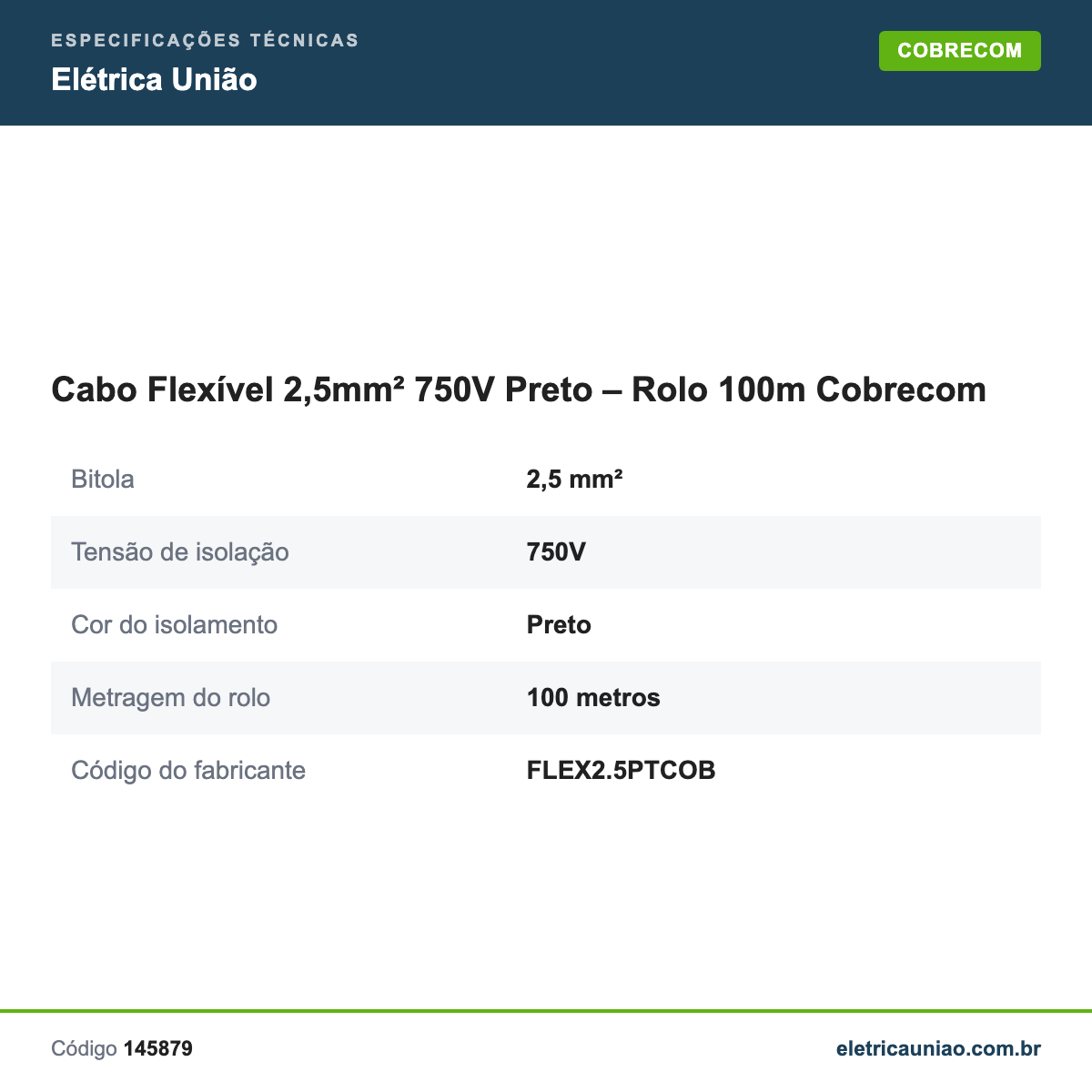 Especificações técnicas de Cabo Flexível 2,5mm² 750V Preto – Rolo 100m Cobrecom