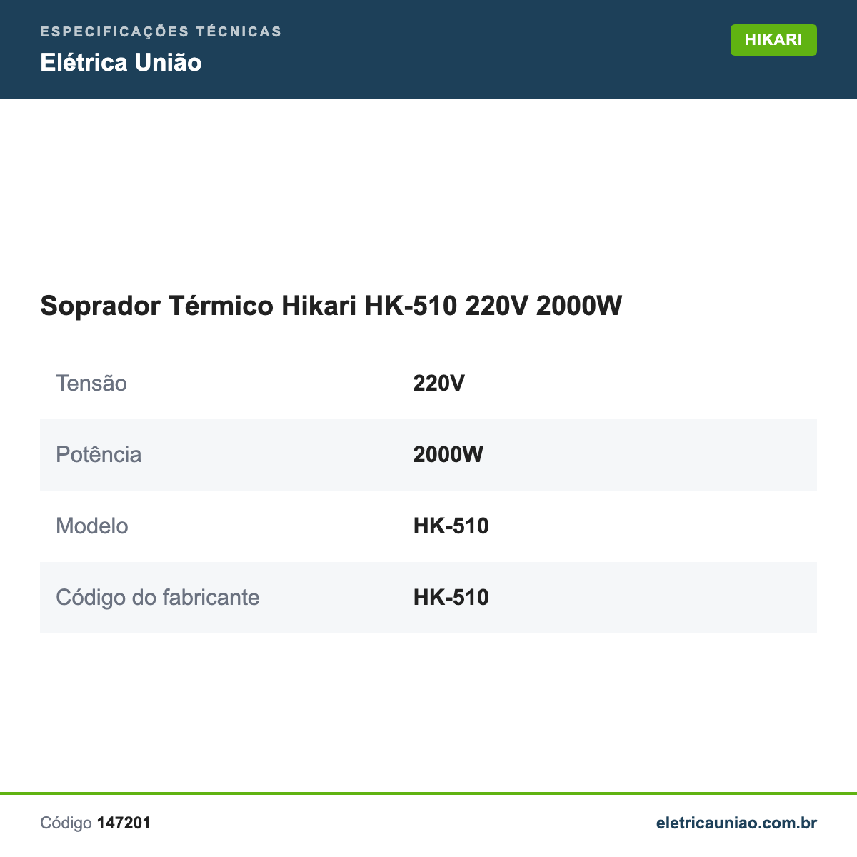 Especificações técnicas de Soprador Térmico Hikari HK-510 220V 2000W