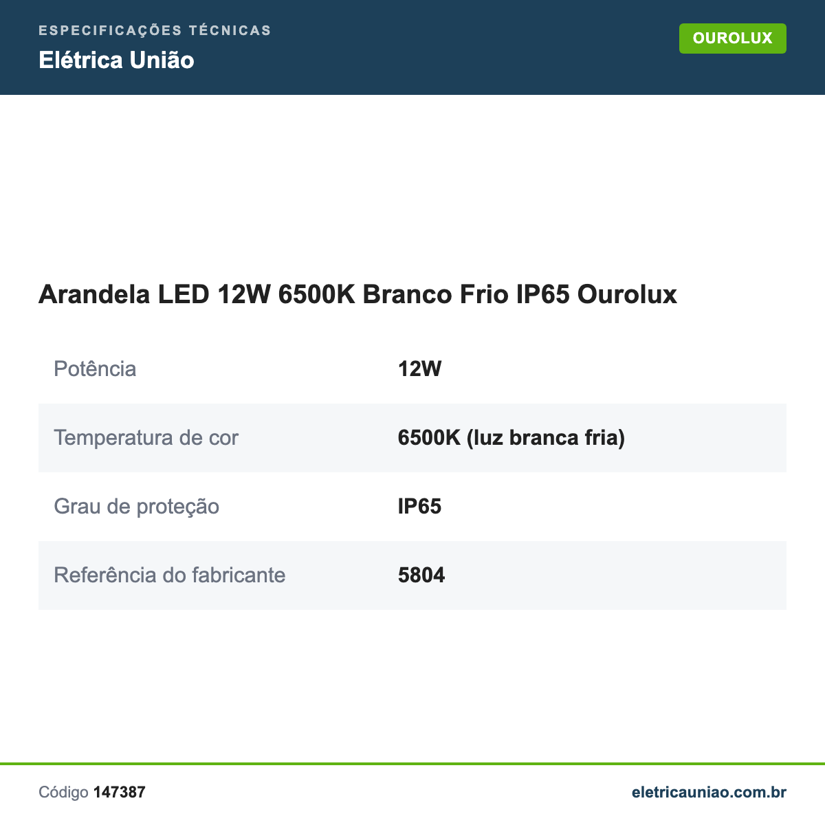 Especificações técnicas de Arandela LED 12W 6500K Branco Frio IP65 Ourolux