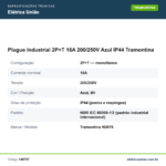 Especificações técnicas de Plugue Industrial 2P+T 16A 200/250V Azul IP44 Tramontina