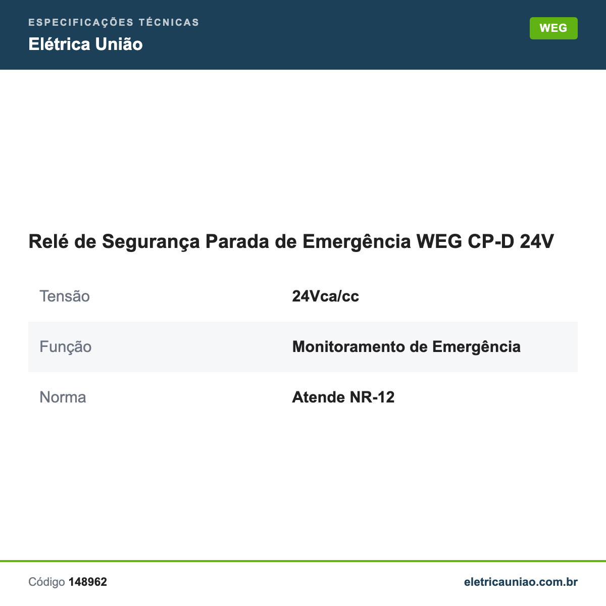 Especificações técnicas de Relé de Segurança Parada de Emergência WEG CP-D 24V