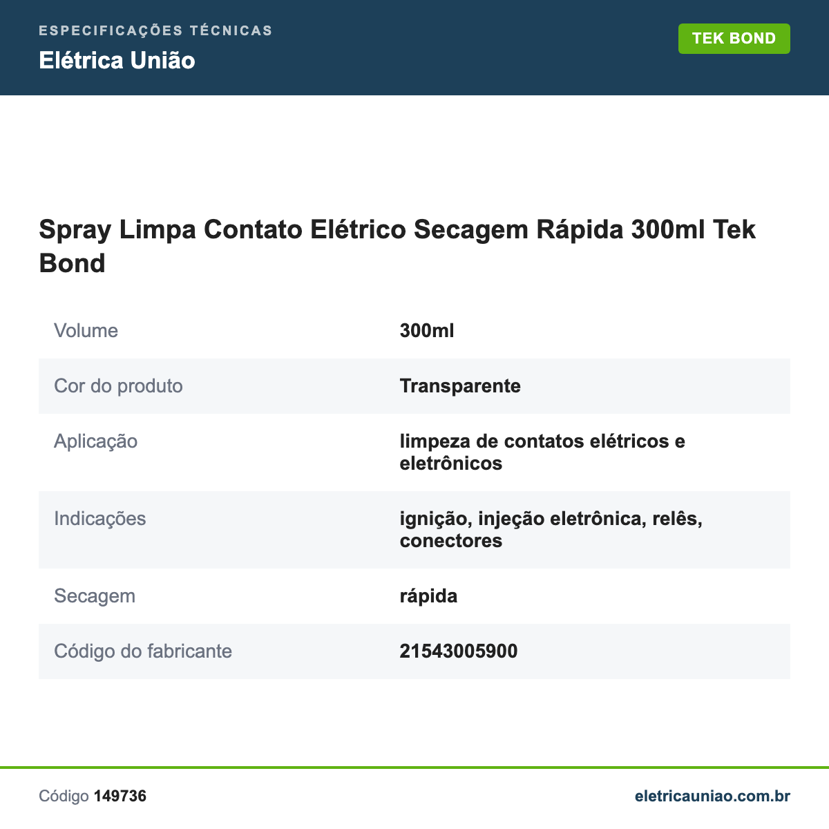 Especificações técnicas de Spray Limpa Contato Elétrico Secagem Rápida 300ml Tek Bond