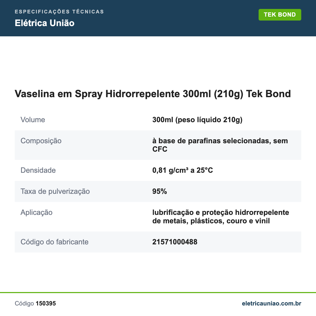 Especificações técnicas de Vaselina em Spray Hidrorrepelente 300ml (210g) Tek Bond