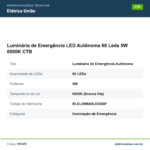 Especificações técnicas de Luminária de Emergência LED Autônoma 60 Leds 5W 6500K CTB
