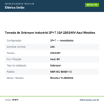 Especificações técnicas de Tomada de Sobrepor Industrial 2P+T 32A 220/240V Azul Metaltex