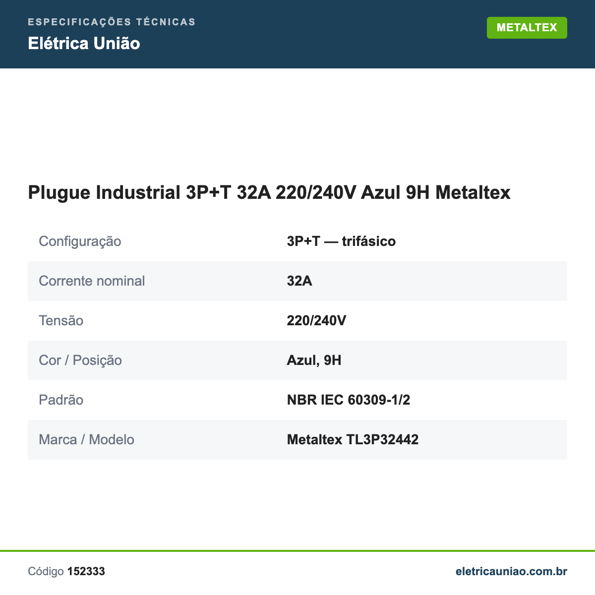 Especificações técnicas de Plugue Industrial 3P+T 32A 220/240V Azul 9H Metaltex