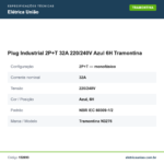 Especificações técnicas de Plug Industrial 2P+T 32A 220/240V Azul 6H Tramontina