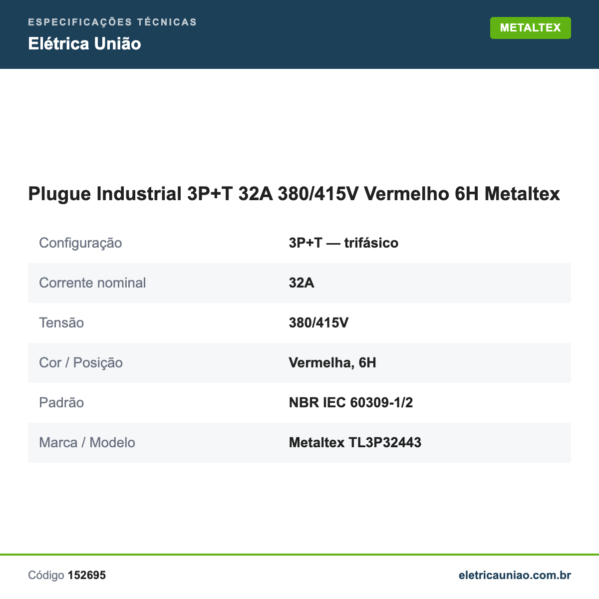 Especificações técnicas de Plugue Industrial 3P+T 32A 380/415V Vermelho 6H Metaltex