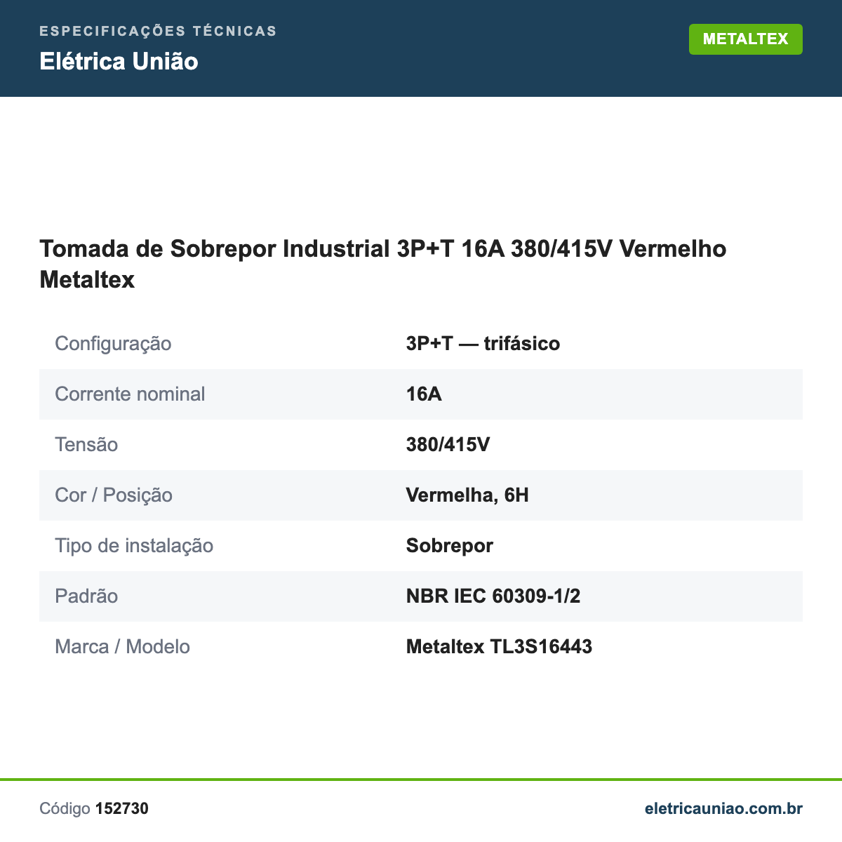 Especificações técnicas de Tomada de Sobrepor Industrial 3P+T 16A 380/415V Vermelho Metaltex