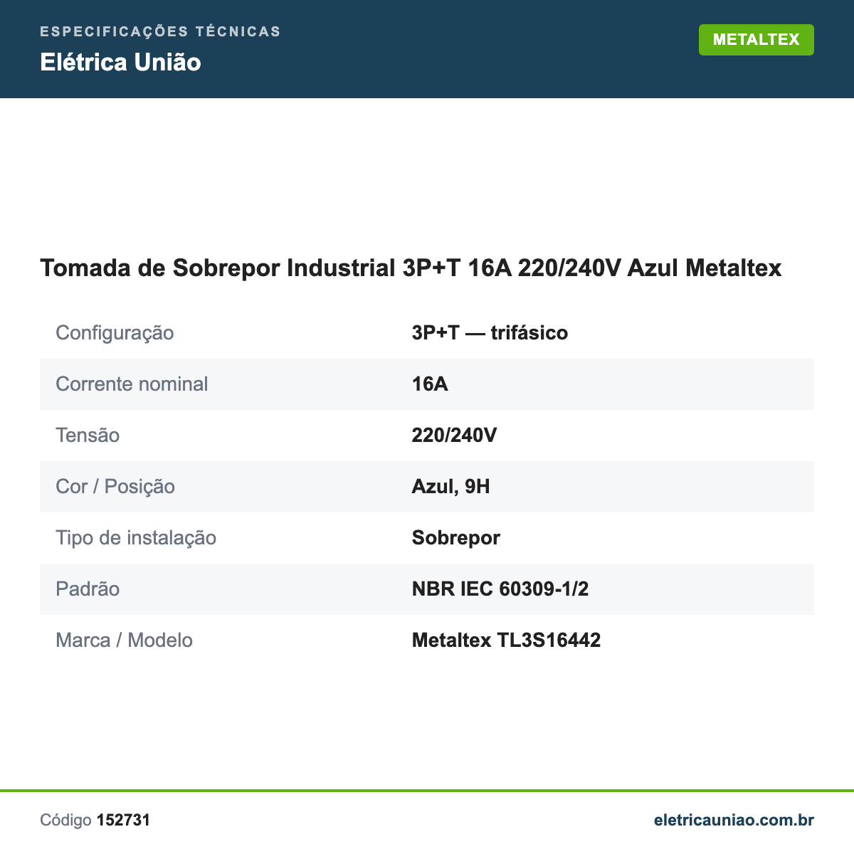 Especificações técnicas de Tomada de Sobrepor Industrial 3P+T 16A 220/240V Azul Metaltex
