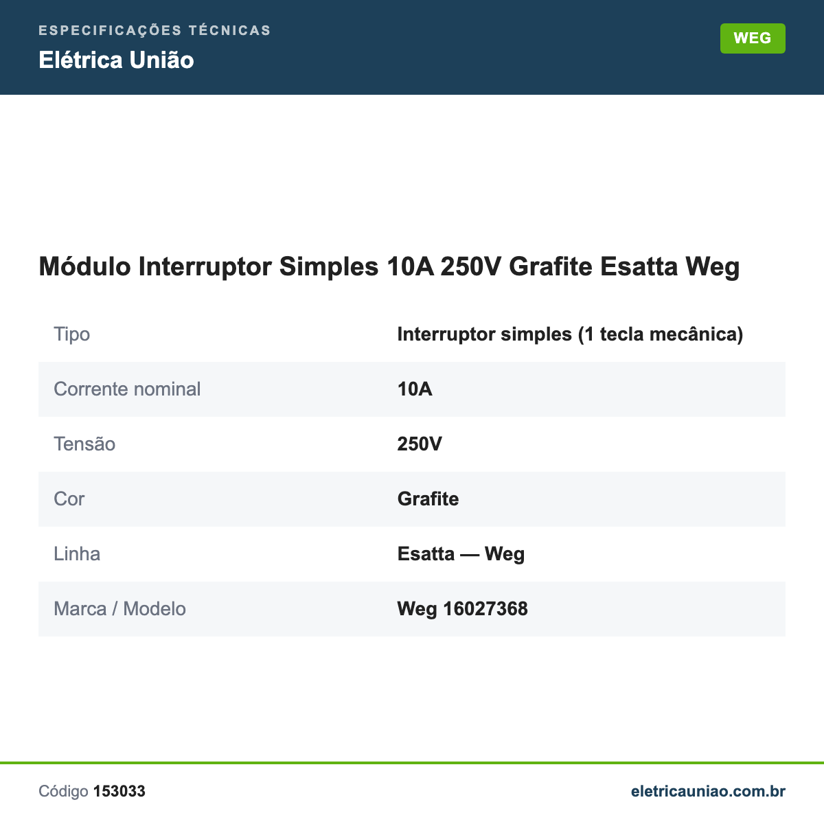 Especificações técnicas de Módulo Interruptor Simples 10A 250V Grafite Esatta Weg