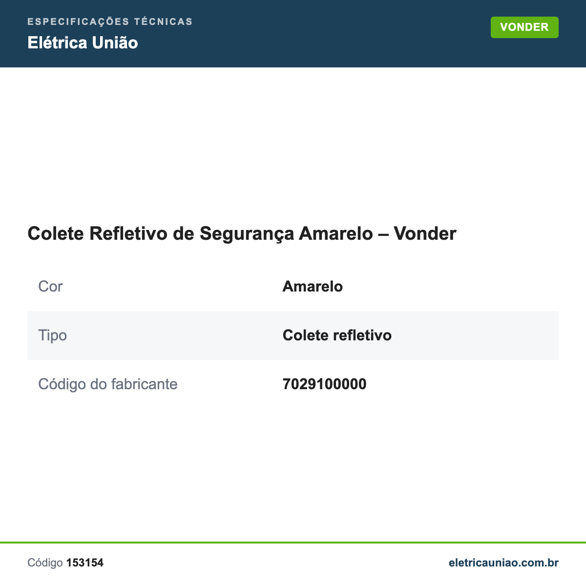 Especificações técnicas de Colete Refletivo de Segurança Amarelo – Vonder