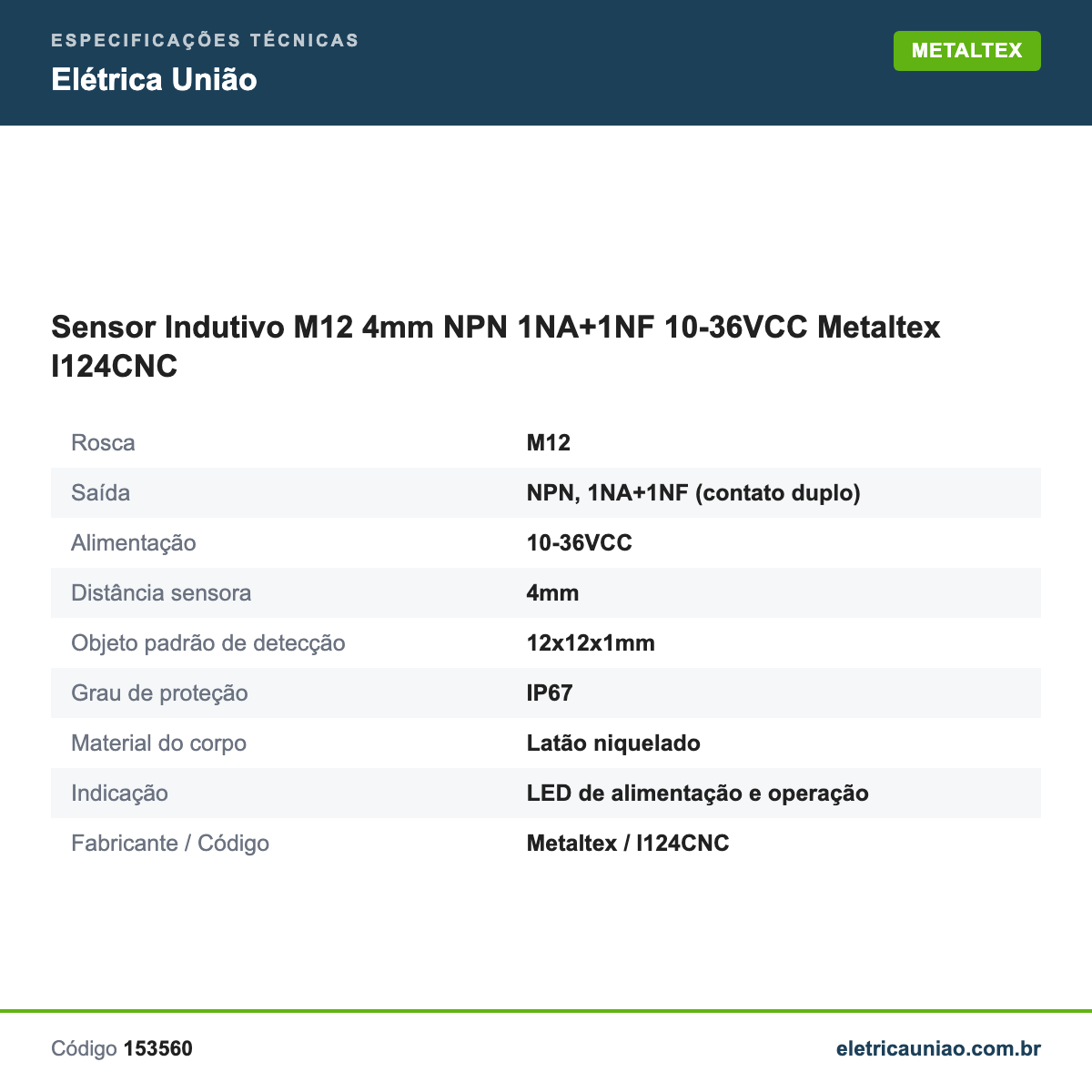 Especificações técnicas de Sensor Indutivo M12 4mm NPN 1NA+1NF 10-36VCC Metaltex I124CNC