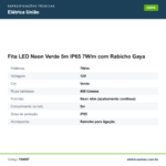 Especificações técnicas de Fita LED Neon Verde 5m IP65 7W/m com Rabicho Gaya