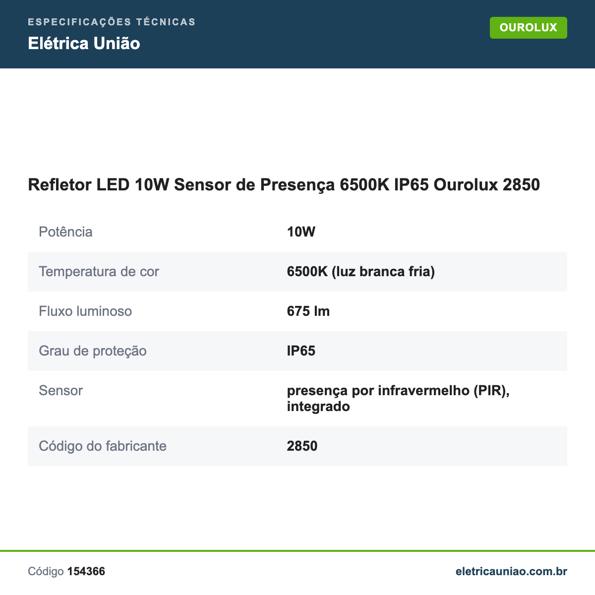 Especificações técnicas de Refletor LED 10W Sensor de Presença 6500K IP65 Ourolux 2850