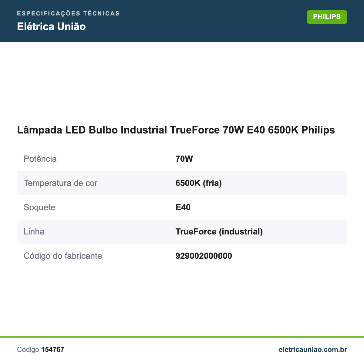 Especificações técnicas de Lâmpada LED Bulbo Industrial TrueForce 70W E40 6500K Philips