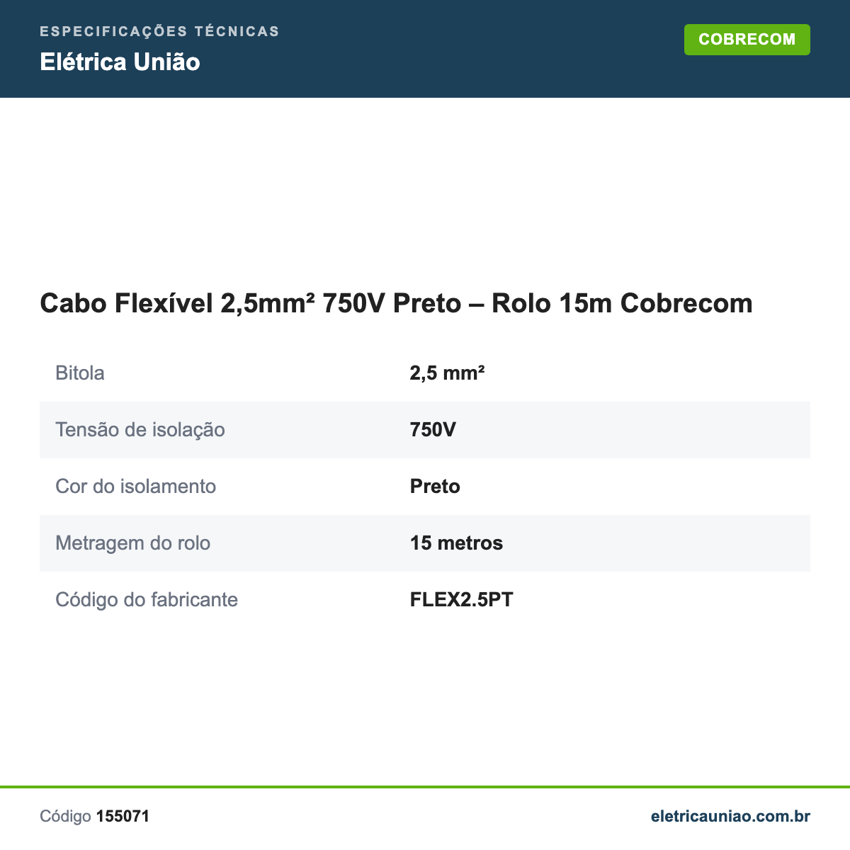 Especificações técnicas de Cabo Flexível 2,5mm² 750V Preto – Rolo 15m Cobrecom