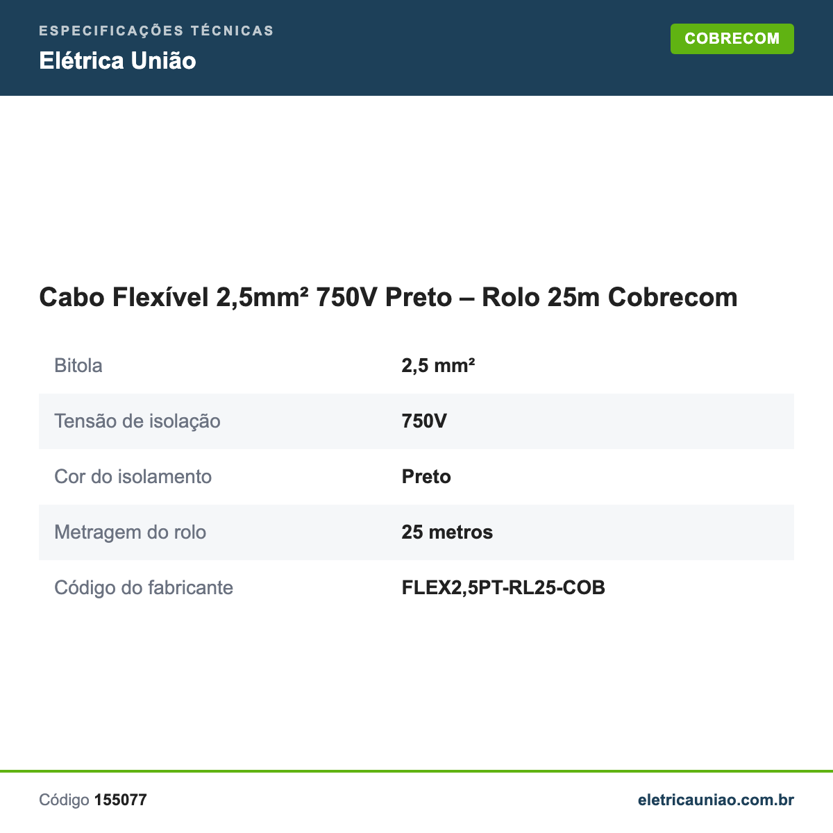 Especificações técnicas de Cabo Flexível 2,5mm² 750V Preto – Rolo 25m Cobrecom