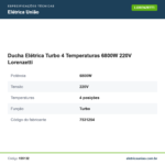 Especificações técnicas de Ducha Elétrica Turbo 4 Temperaturas 6800W 220V Lorenzetti