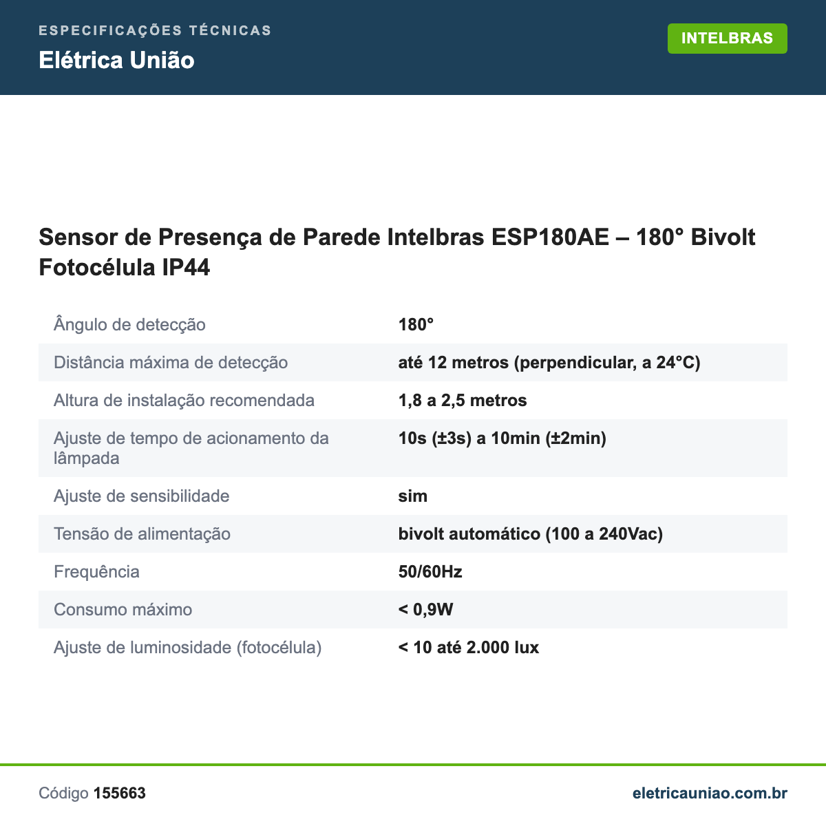 Especificações técnicas de Sensor de Presença de Parede Intelbras ESP180AE – 180° Bivolt Fotocélula IP44