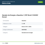 Especificações técnicas de Gerador de Energia a Gasolina 1,7HP Bivolt 115/230V Denzel