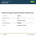Especificações técnicas de Gerador de Energia a Gasolina 4HP Bivolt 115/230V Denzel