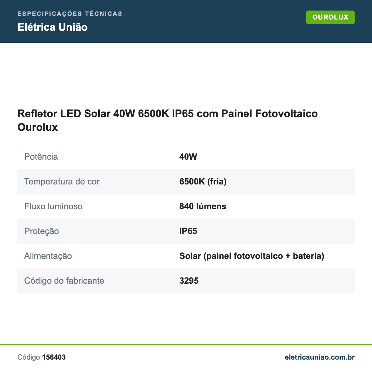 Especificações técnicas de Refletor LED Solar 40W 6500K IP65 com Painel Fotovoltaico Ourolux
