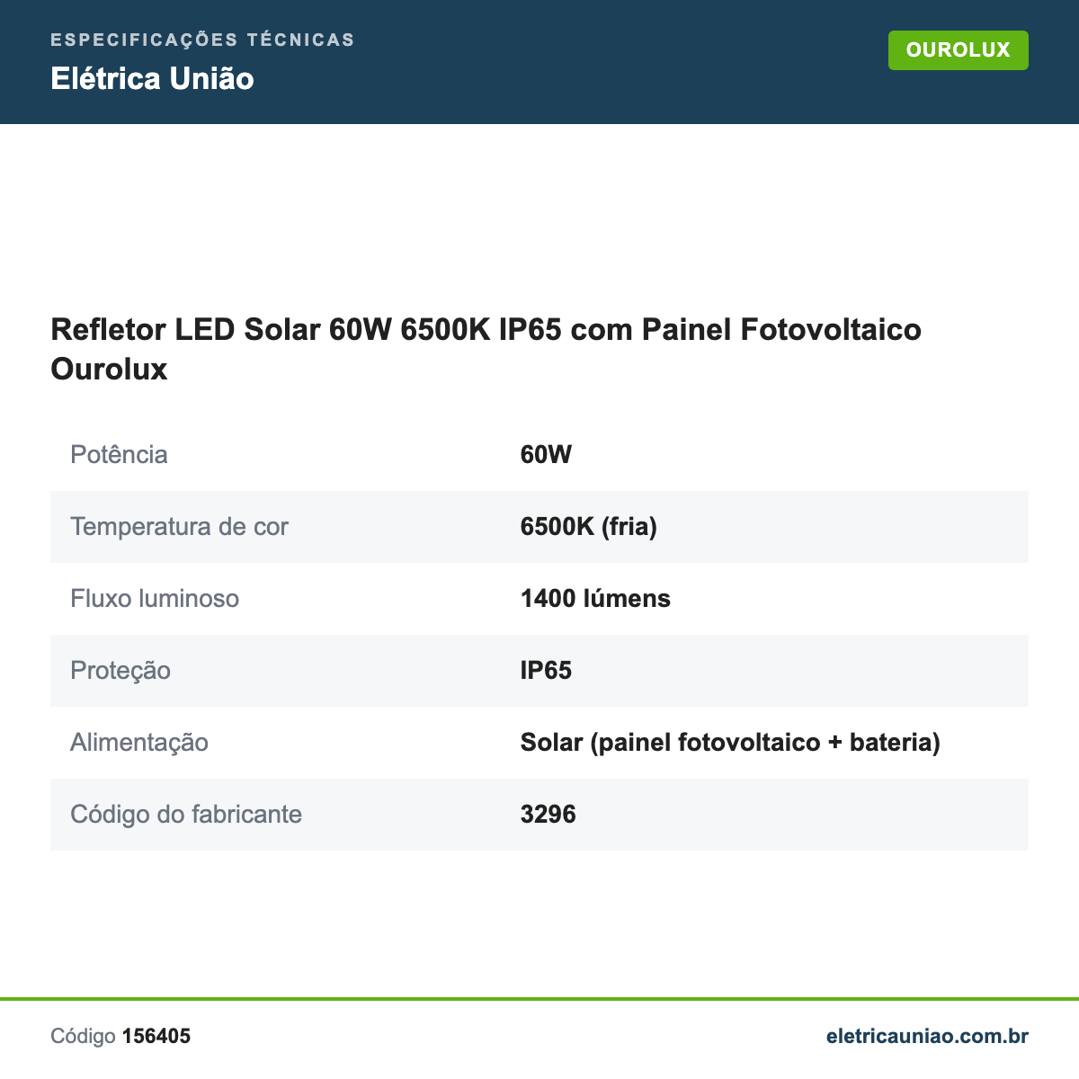 Especificações técnicas de Refletor LED Solar 60W 6500K IP65 com Painel Fotovoltaico Ourolux