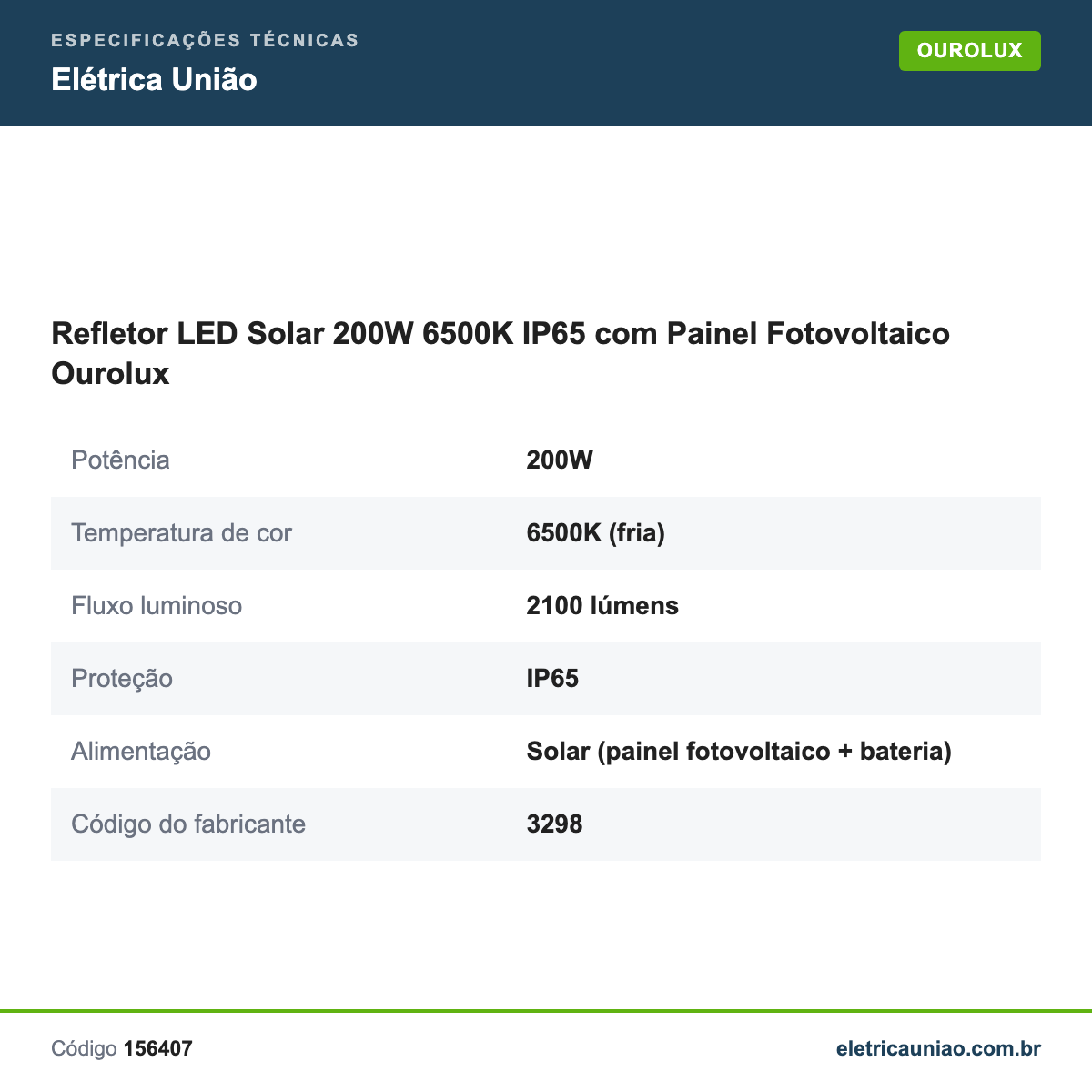 Especificações técnicas de Refletor LED Solar 200W 6500K IP65 com Painel Fotovoltaico Ourolux