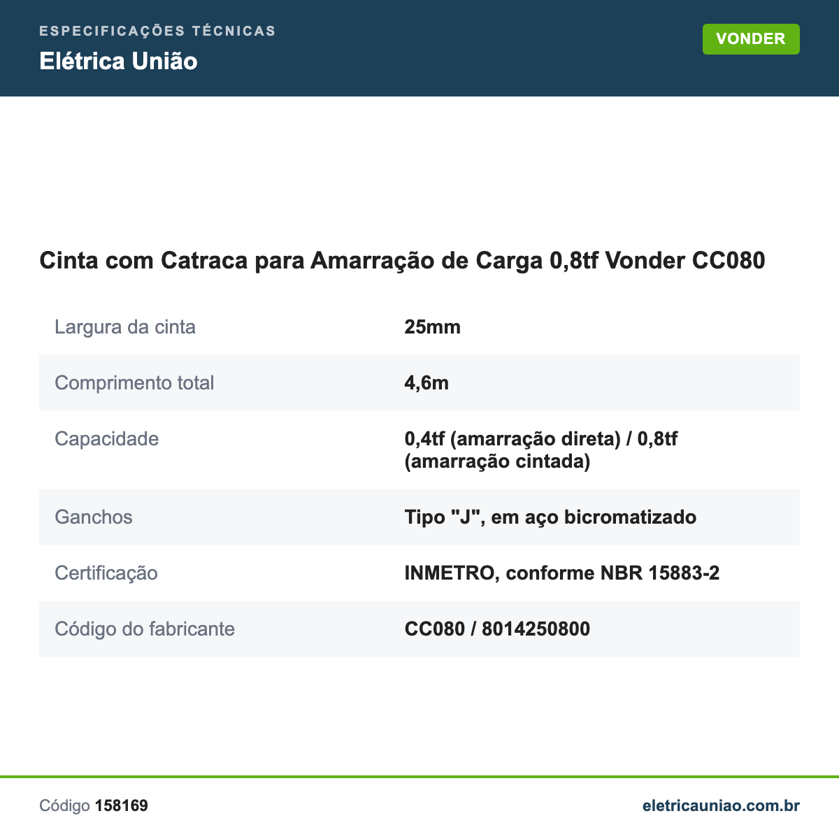 Especificações técnicas de Cinta com Catraca para Amarração de Carga 0,8tf Vonder CC080