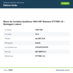 Especificações técnicas de Bloco de Contatos Auxiliares 1NA+1NF Siemens 3TY7601-1A – Montagem Lateral