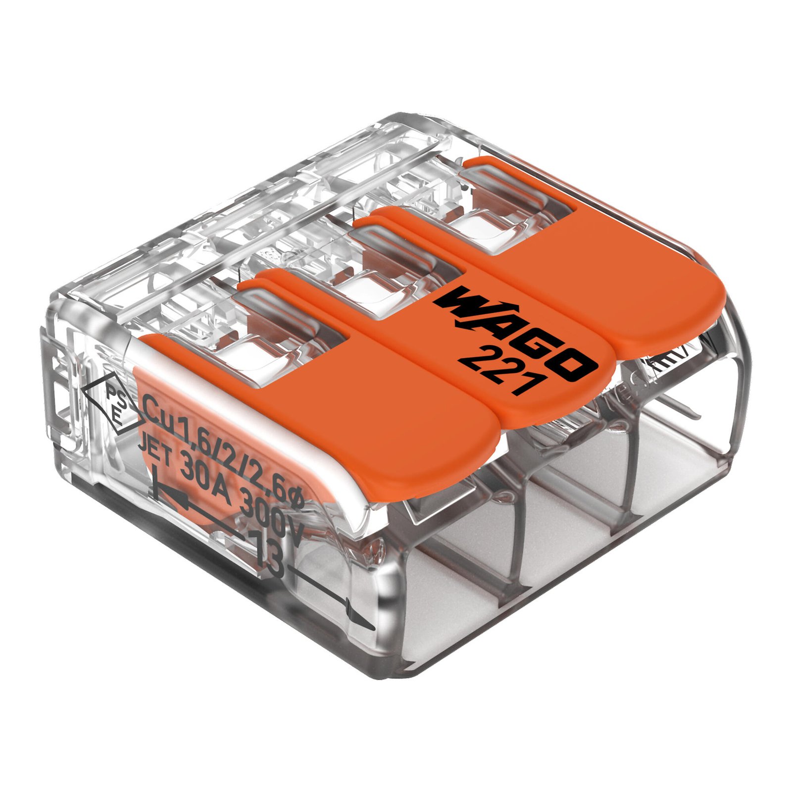 conector-wago-221-613-115689 CONECTOR WAGO 221-613 (3 POLOS) 0,5 A 6,0MM 41A TRANSPARENTE - Imagem 1