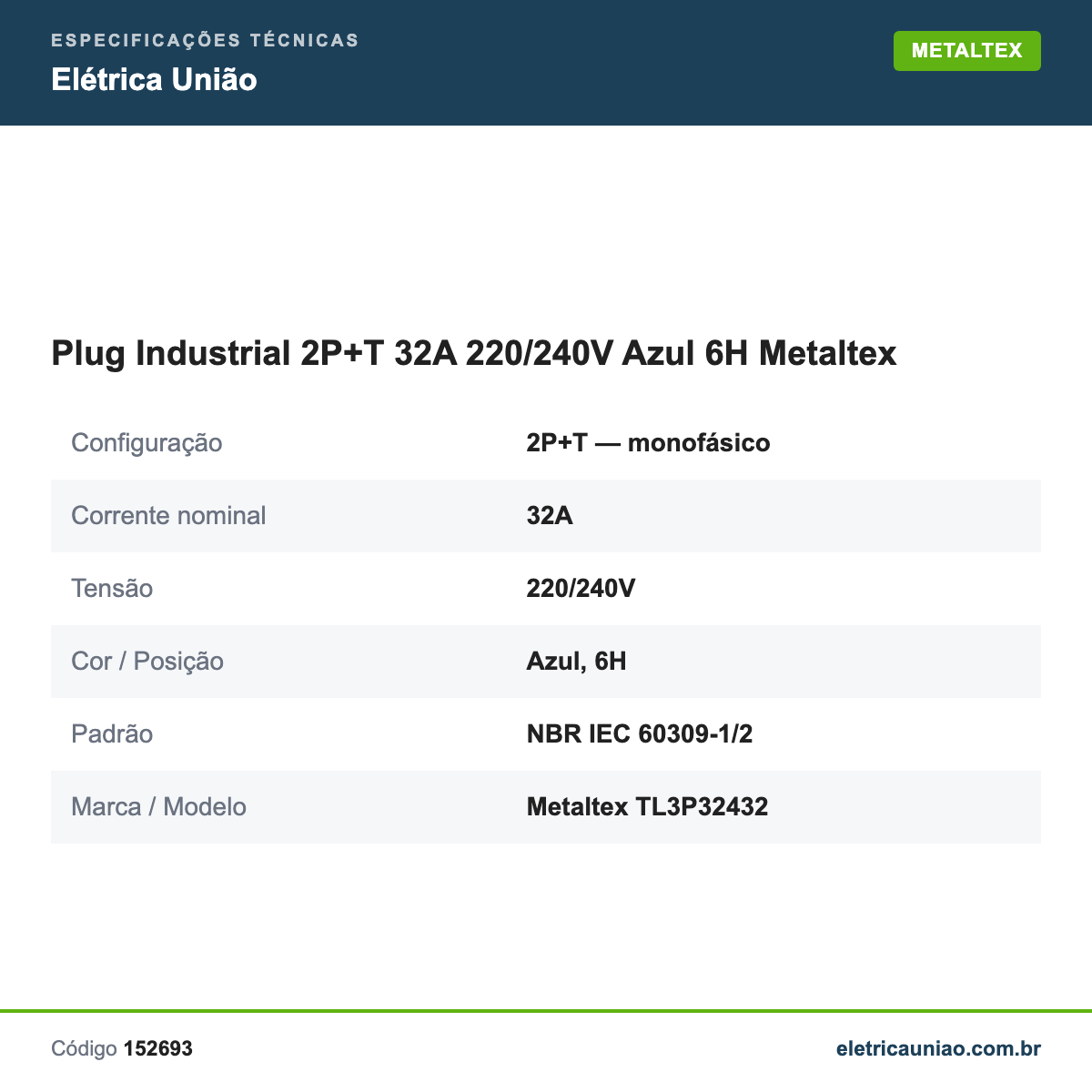 Plug Industrial 2P+T 32A 220/240V Azul 6H Metaltex – especificações técnicas